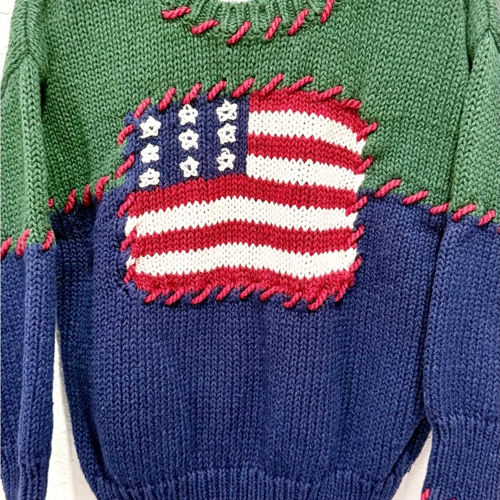 Kids ramie & cotton vintage‎ Color block Flag Knit Sweater - Green & Navy 4T